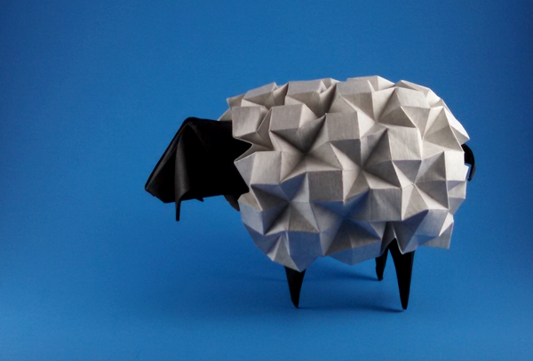 Origami Sheep by Beth Johnson. Folded from a square and a rectangle of cardstock by Gilad Aharoni on giladorigami.com