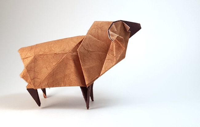 Origami Sheep by Fumiaki Kawahata. Folded from a square of double-sided mulberry by Gilad Aharoni on giladorigami.com