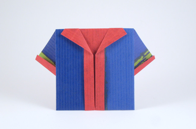 Origami Shirt with trim by Gay Merrill Gross. Folded from a square of duo kraft paper by Gilad Aharoni on giladorigami.com