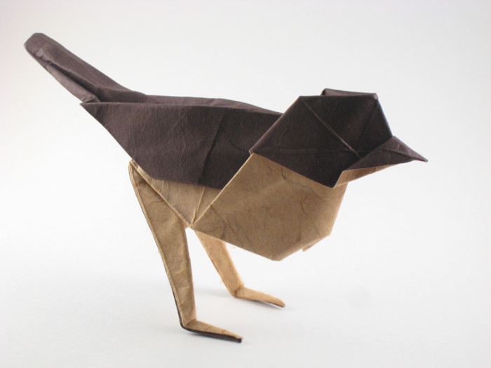 Origami Sparrow by Saadya Sternberg. Wet-folded from a square of double-sided mulberry paper by Gilad Aharoni on giladorigami.com