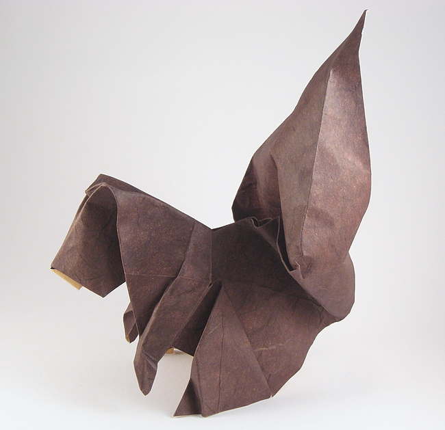 Origami Squirrel by Peter Engel. Wet-folded from a square of double-sided mulberry paper by Gilad Aharoni on giladorigami.com