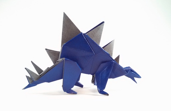 Origami Stegosaurus by Fumiaki Kawahata. Folded from 2 squares of soft leather duo paper by Gilad Aharoni on giladorigami.com