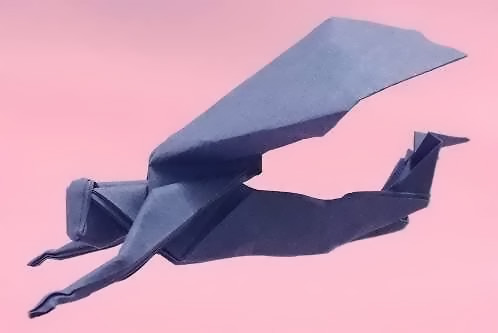 Origami Superman by Juan Gimeno. Wet-folded from a rectangle of 90gsm Fabriano art paper by Gilad Aharoni on giladorigami.com