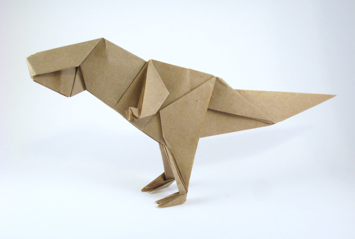 Origami Tyrannosaurus by Jun Maekawa. Folded from a rectangle of Trimaco masking-paper by Gilad Aharoni on giladorigami.com