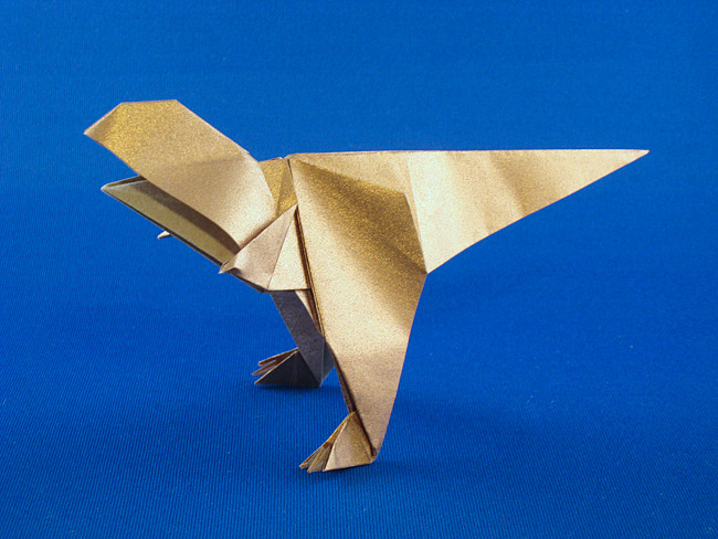 Origami Tyrannosaurus Rex by Roman Diaz. Folded from a square of Nicolas Terry's tissue-foil by Gilad Aharoni on giladorigami.com