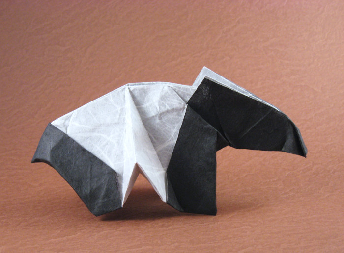 Origami Malayan tapir by Kunihiko Kasahara. Wet-folded from a square of double-sided Unryu paper by Gilad Aharoni on giladorigami.com