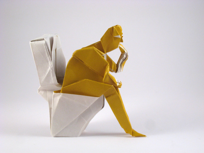 Origami Thinker - man on toilet by Fernando Gilgado Gomez. Folded from a square of origami paper by Gilad Aharoni on giladorigami.com