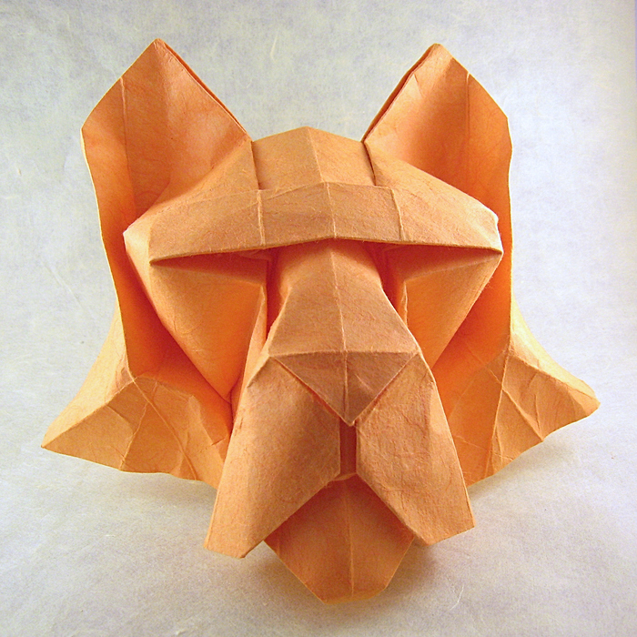 Origami Tiger's head by Roman Diaz. Wet-folded from a square of double-sided mulberry paper by Gilad Aharoni on giladorigami.com