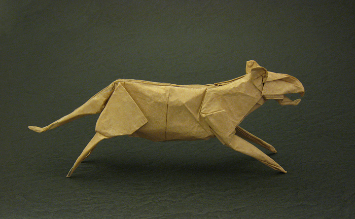 Origami Tiger by Peter Engel. Folded from a square of Kathy Stevick's tissue-foil by Gilad Aharoni on giladorigami.com