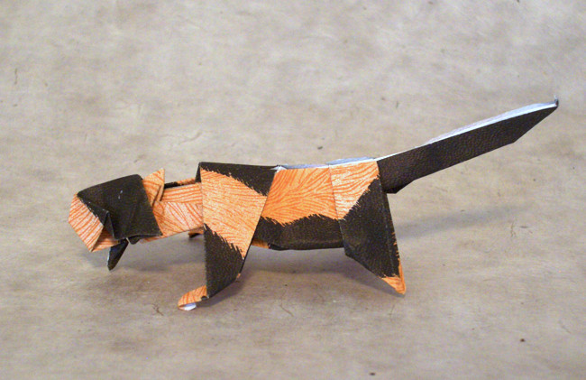 Origami Tiger by Yamada Katsuhisa. Folded from a square of animal-pattern origami paper by Gilad Aharoni on giladorigami.com