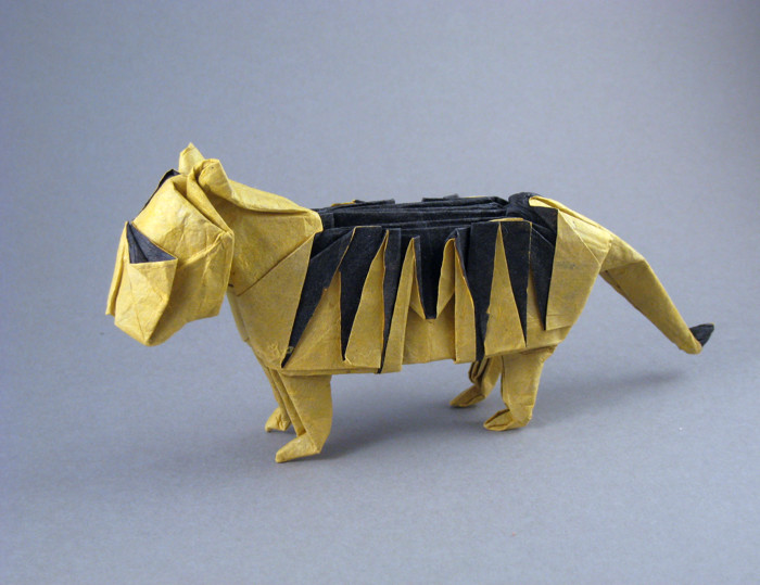 Origami Tiger by John Montroll. Wet-folded from a square of double-sided Unryu paper by Gilad Aharoni on giladorigami.com