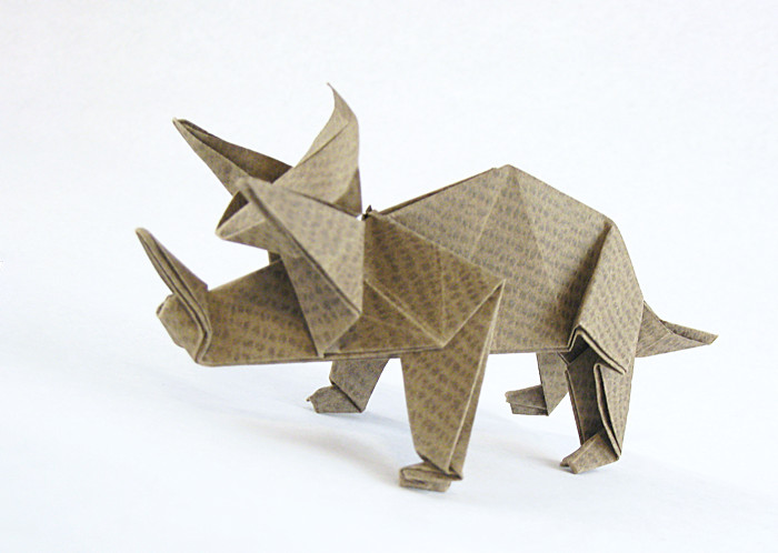 Origami Triceratops by Jun Maekawa. Folded from a square of textured origami paper by Gilad Aharoni on giladorigami.com