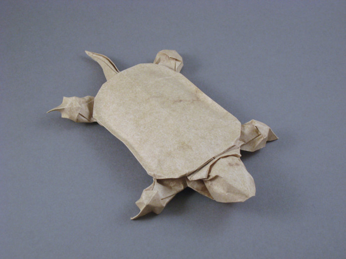 Origami Pond turtle by Michael G. LaFosse. Wet-folded from a square of Elephant-Hide by Gilad Aharoni on giladorigami.com