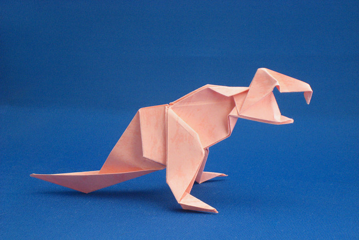 Origami Tyrannosaurus by Kunihiko Kasahara. Folded from a square of textured origami paper by Gilad Aharoni on giladorigami.com