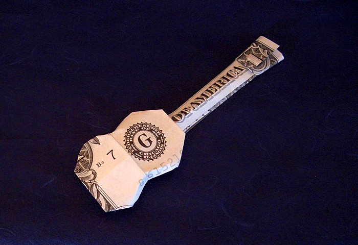 Origami Ukulele by Jodi Fukumoto. Folded from a $ bill by Gilad Aharoni on giladorigami.com