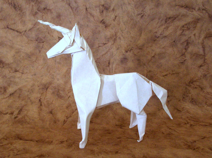 Origami Unicorn by Roman Diaz. Folded from a square of Elephant-Hide by Gilad Aharoni on giladorigami.com