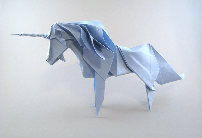 Origami Unicorn by Roman Diaz. Wet-folded from a square of Tant paper by Gilad Aharoni on giladorigami.com