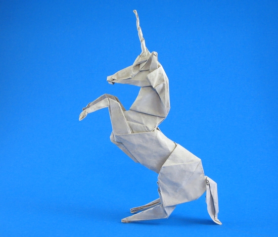 Origami Unicorn by Roman Diaz. Folded from a square of Trimaco masking paper (painted) by Gilad Aharoni on giladorigami.com