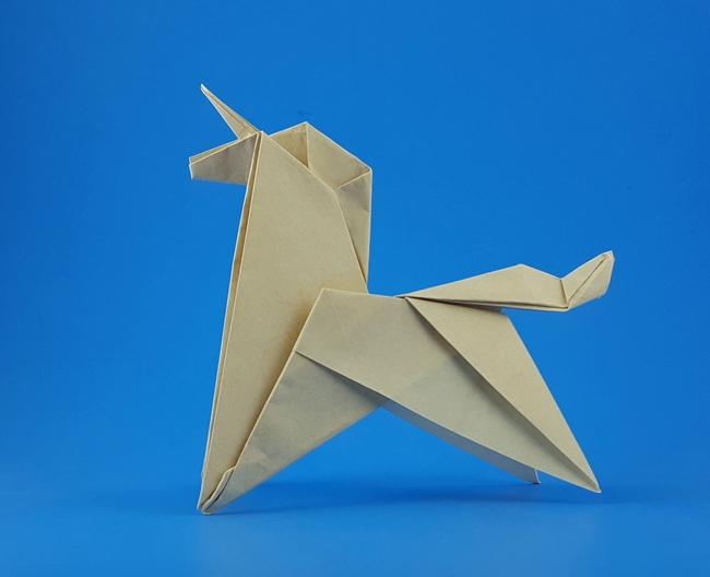 Origami Unicorn by Oriol Esteve. Folded from a square of Elephant-Hide by Gilad Aharoni on giladorigami.com