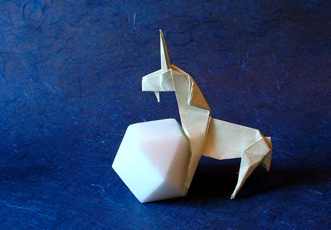 Origami Unicorn by John Montroll. Folded from a $ bill proportioned rectangle of typing paper by Gilad Aharoni on giladorigami.com