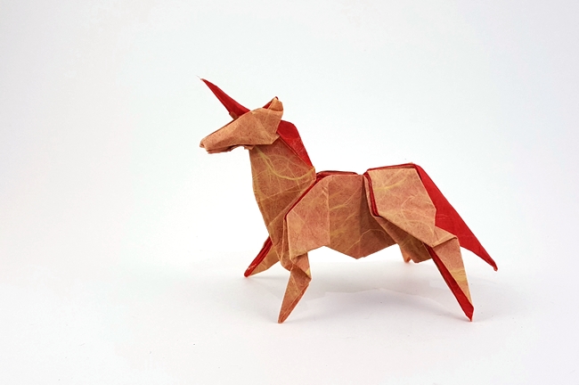 Origami Unicorn by Sakurai Ryosuke. Folded from a square of duoble sided Unryu paper by Gilad Aharoni on giladorigami.com