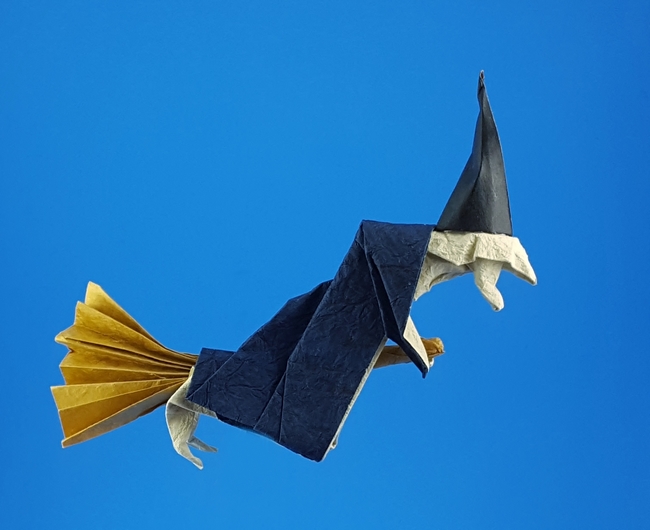 Origami Witch by David Brill. Folded from 3 squares of scrapbooking paper by Gilad Aharoni on giladorigami.com