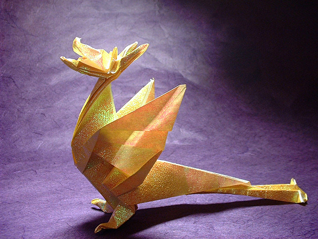 Origami Wyvern by John Montroll. Folded from a square of patterned gift-wrap by Gilad Aharoni on giladorigami.com