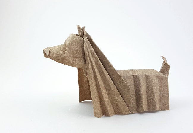Origami Yorkshire terrier by John Montroll. Folded from a square of Elephant-Hide by Gilad Aharoni on giladorigami.com